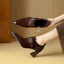 Load image into Gallery viewer, Metallic Square-Toe Chunky-Heel Pumps | Retro Formal Heels