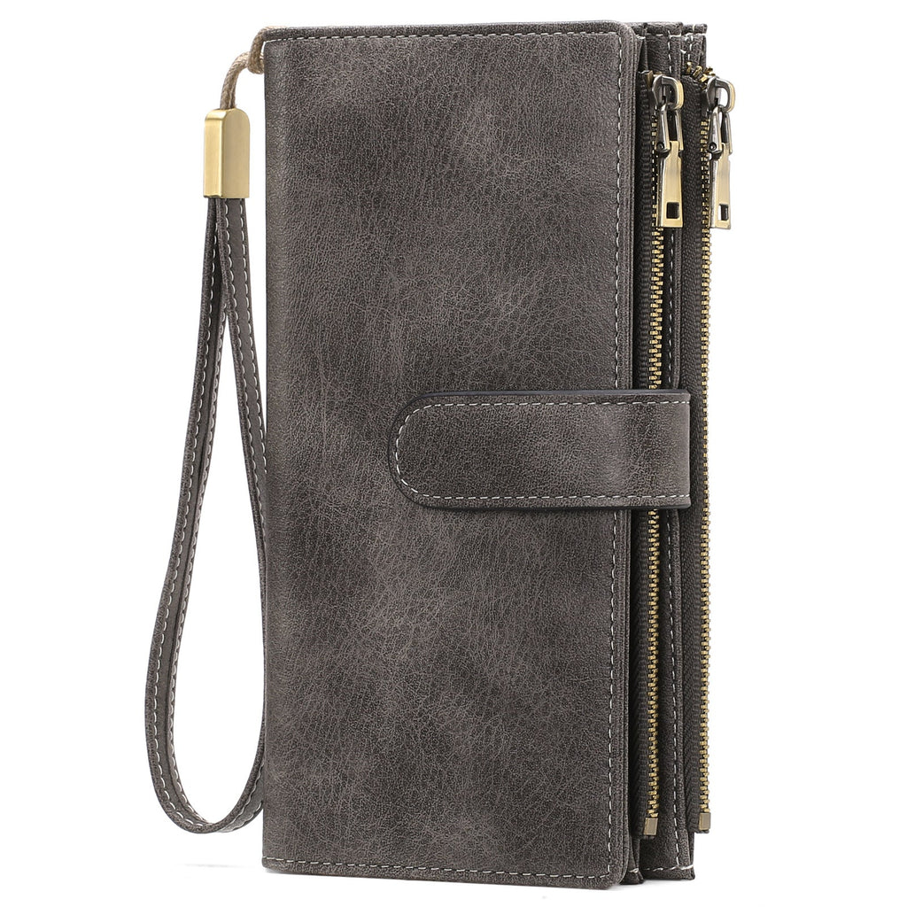 Women's Vintage Tri-Fold Wallet with RFID Protection - Oil Wax Leather Long Purse