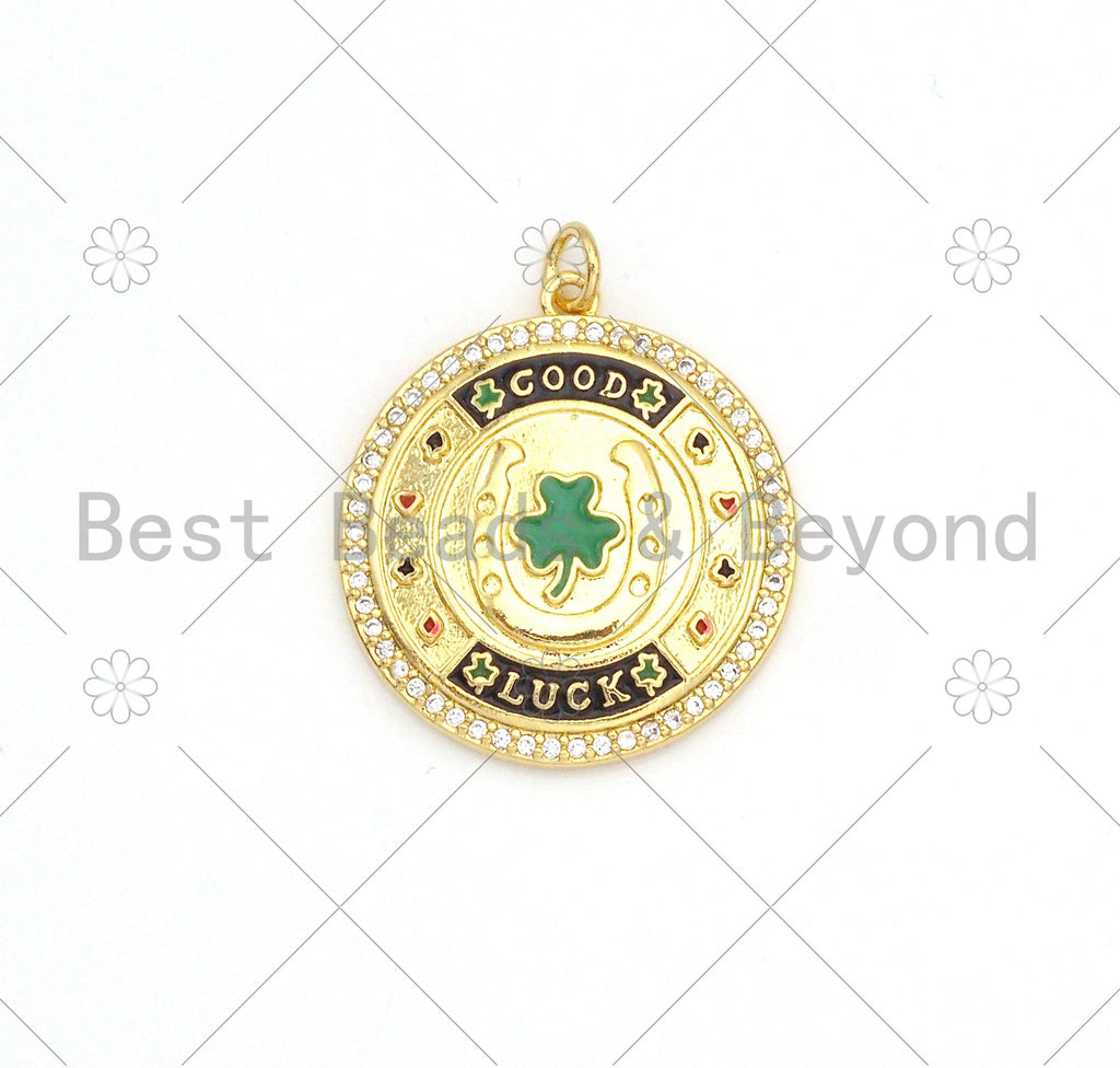 CZ Micro Pave Green Enamel Leaf  On Round Medallion Shape Pendant,18K Gold Filled Good Luck Charm, Necklace Bracelet Charm,25x28mm,Sku#LK380