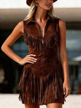 Load image into Gallery viewer, Women's Suede Western Tassel Sleeveless Slim-Fit Midi Dress
