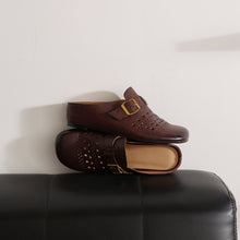 Load image into Gallery viewer, Women's Perforated Cowhide Buckle Mules | Round Toe Flat Backless Slides