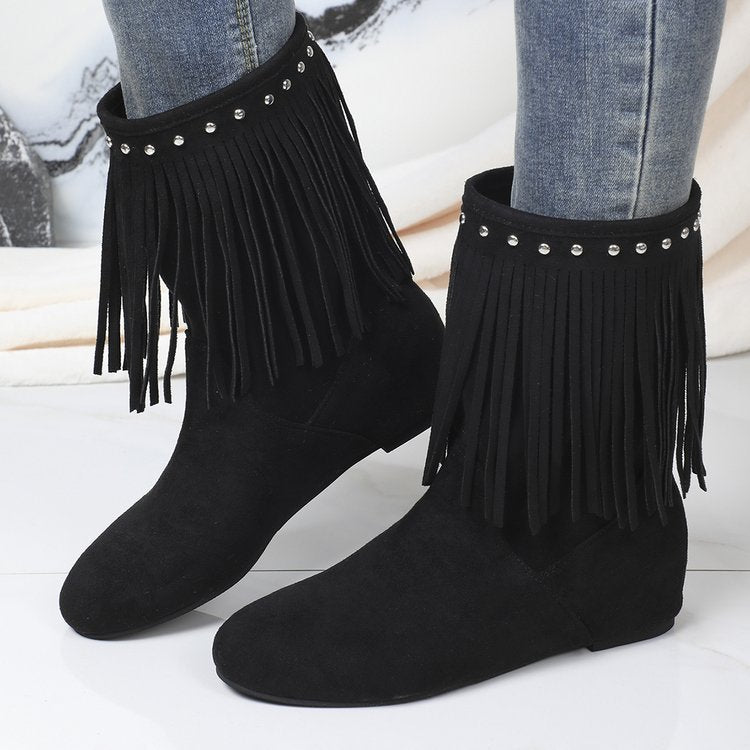 Women's Studded Tassel Mid-Calf Boots - Wedge Heel Suede Boots with Metal Accents