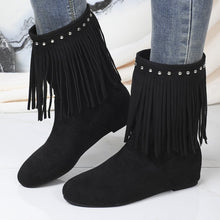 Load image into Gallery viewer, Women's Studded Tassel Mid-Calf Boots - Wedge Heel Suede Boots with Metal Accents