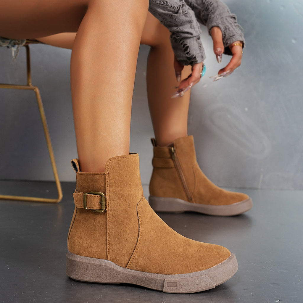 Women's Round Toe Ankle Boots with Side Zipper - Flat Heel Suede Boots