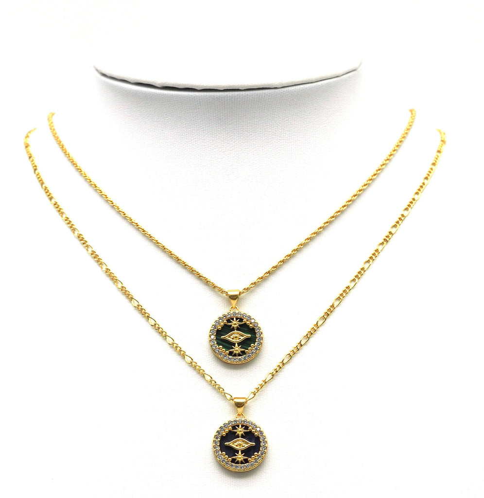 CZ Evil Eye On Gemstone Round Coin Charm, Sku#LX75