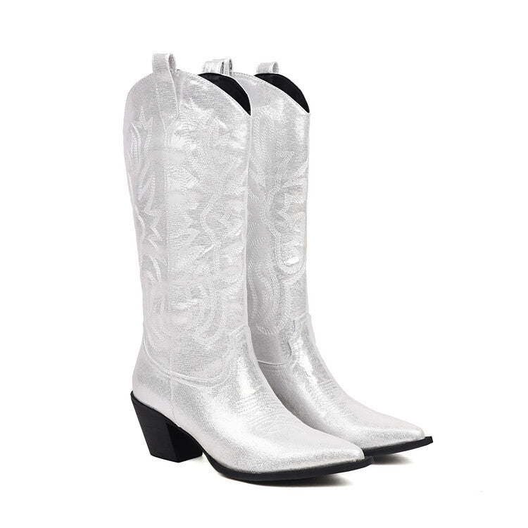 Women's Tall Western Boots – Embroidered Sequin Chunky Heel High Boot | Black, White & Pink