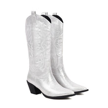 Load image into Gallery viewer, Women's Tall Western Boots – Embroidered Sequin Chunky Heel High Boot | Black, White &amp; Pink