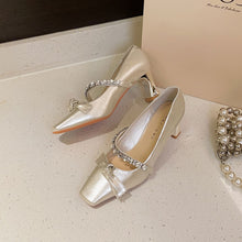 Load image into Gallery viewer, Women's Rhinestone Mary Jane Heels - French Style Pointed Toe Chunky Heel Shoes