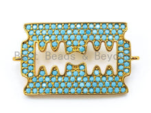 Load image into Gallery viewer, CZ Turquoise Micro Pave Razor Blade Connector, Blue CZ Pave in Gold, Silver, Black, Rose Gold Finish Charm, Bracelet Charm,15x26mm, sku#M20