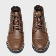 Load image into Gallery viewer, Men's Vintage Casual Leather Boots – Mid-Calf Wedge Heel, Rubber Sole, Stitched Paneling