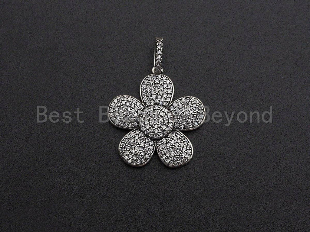 Antique Silver CZ Micro Pave Flower Pendant, Antique Silver Tone, Cubic Zirconia Pave Daisy Flower Charm Pendant, 24x26mm,sku#F1031