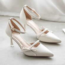 Load image into Gallery viewer, Women's Pointed-Toe Stiletto Pumps | Leather Strap Heels in Off-White &amp; Emerald Green