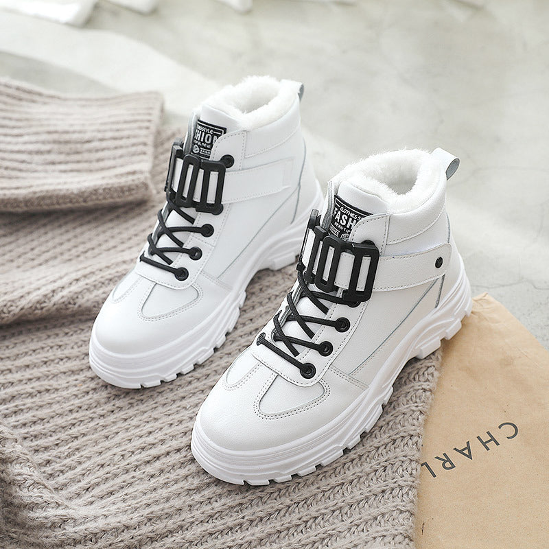 Women's Waterproof Platform High-Top Sneakers | Leather Stitching Plush Lining