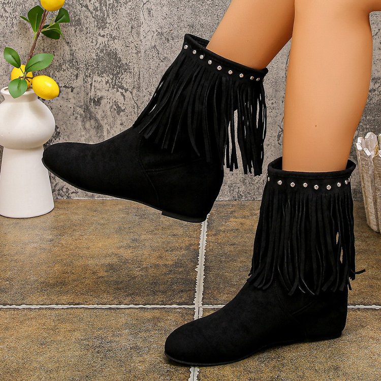 Women's Studded Tassel Mid-Calf Boots - Wedge Heel Suede Boots with Metal Accents