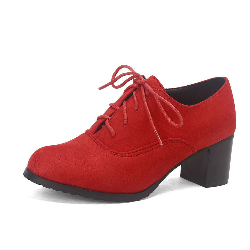 Women's Round Toe Chunky Heel Lace-Up Shoes - Suede Matte Finish High Heels