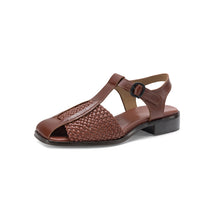 Load image into Gallery viewer, Women's Woven T-Strap Block Heel Sandals | Oiled Cowhide Square-Toe