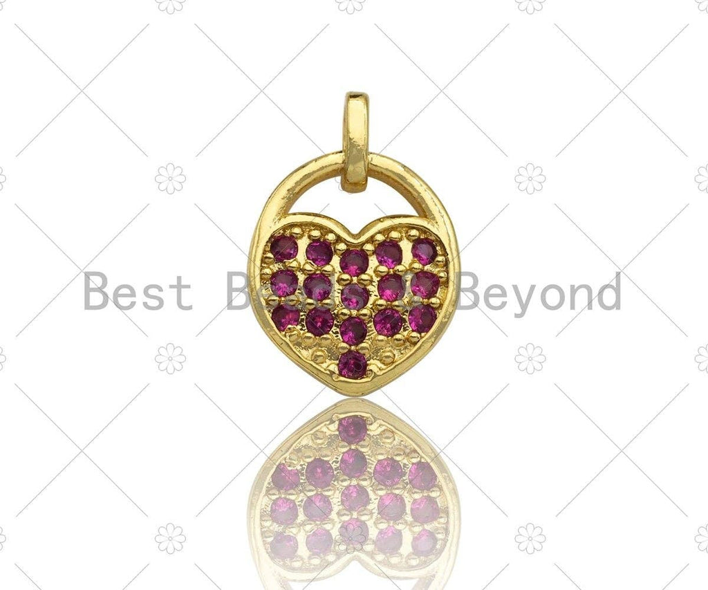 CZ Micro Pave Fuchsia Heart Lock Charm, Fuchsia CZ Heart Charm, Lock Pave Pendant, Gold Lock, 11x15mm, Sku#LK79