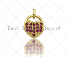 Load image into Gallery viewer, CZ Micro Pave Fuchsia Heart Lock Charm, Fuchsia CZ Heart Charm, Lock Pave Pendant, Gold Lock, 11x15mm, Sku#LK79