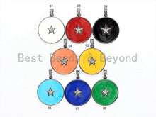 Load image into Gallery viewer, NEW Colorful Enamel Star on Disc Pendant,Cubic Zirconia Pave Pendant, Red/Blue/Pink/Orange/Yellow/White/Green Star Charms, 30*35mm, SKU#F613