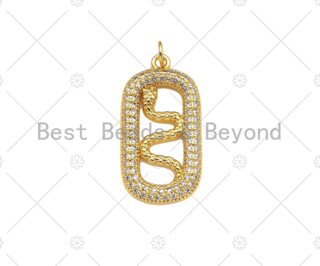 CZ Micro Pave Snake On Oval Shape Pendant/Charm,Cubic Zirconia Gold Charm, Necklace Bracelet Charm Pendant,15x28mm, Sku#LD31