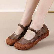 Load image into Gallery viewer, Women's Retro Flat Round-Toe Velcro Shoes – Genuine Leather | Black, Brown, Khaki