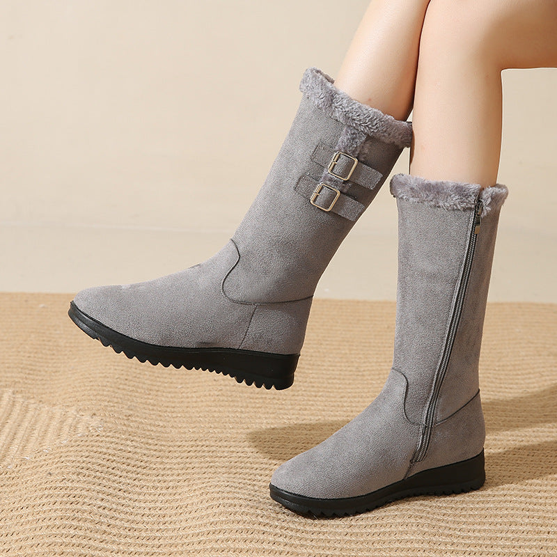 Women's Mid-Calf Fleece-Lined Suede Snow Boots | Warm Winter Boots with Side Zipper