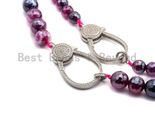 Load image into Gallery viewer, Purple Pink Agate Attachment Necklace with Large CZ Pave Silver clasp, 18 long, 8mm/10mm beads size, sku#D48