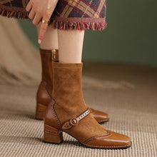 Load image into Gallery viewer, Women's Square Toe Chunky Heel Boots – Vintage Style Side Zipper | Black &amp; Khaki
