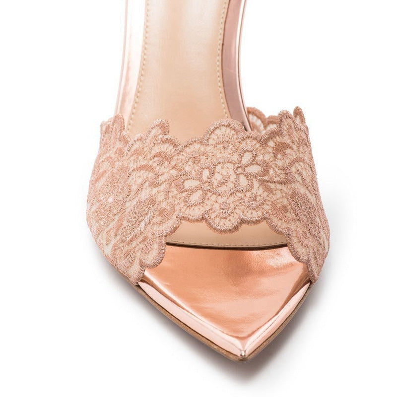Pointed-Toe Stiletto Heel Lace Mules