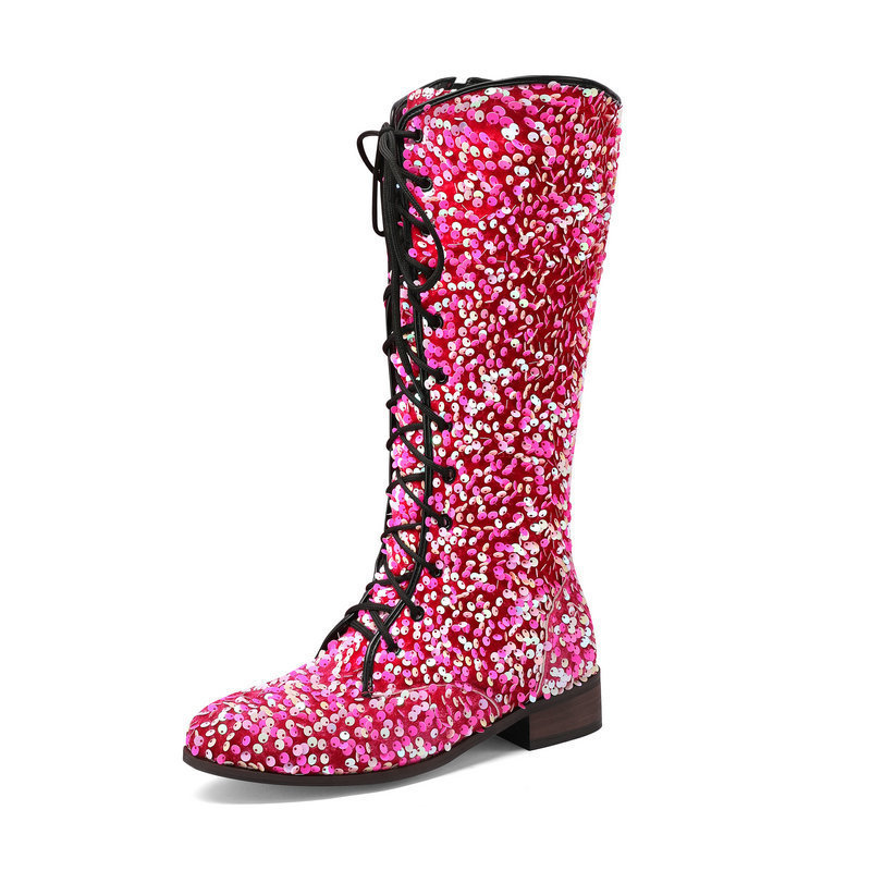 Women's Glitter Sequin Over-the-Knee Boots | Chunky Mid Heel, Lace-Up, Round Toe