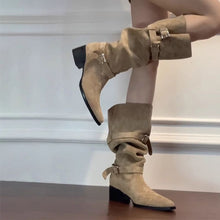 Load image into Gallery viewer, Women's Khaki Suede Pointed-Toe Chunky Heel Boots - Side Zipper High-Top Ankle Boots