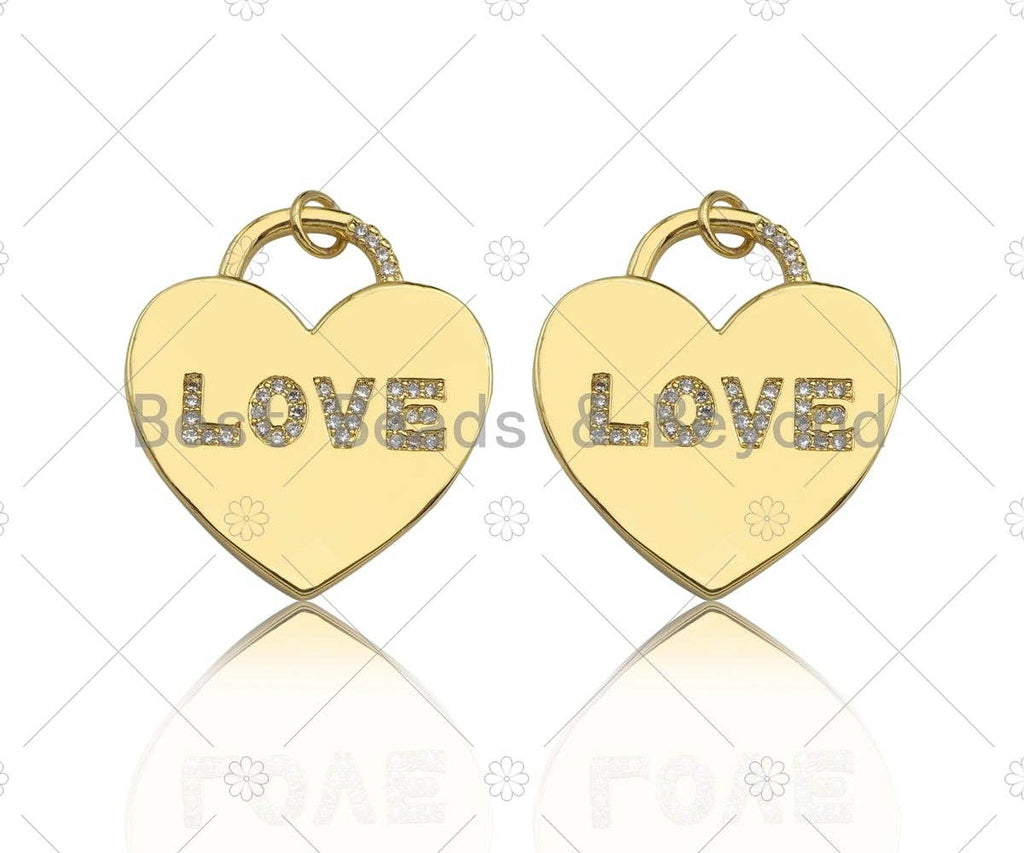 CZ Micro Pave Love Word On Heart Lock Shape Pendant/Charm, 18K Gold Filled Heart Charm, Necklace Bracelet Charm Pendant,25x28mm,Sku#LD104