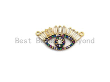 Load image into Gallery viewer, Multi-Color CZ Micro Pave Long eyelash Evil Eye Connector, Rainbow CZ Micro Pave Evil Eye Necklace Connector, Gold plated, 14x27mm,,sku#F658