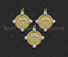 Load image into Gallery viewer, Gold Filled CZ Micro Pave Cross Medallion Pendant,18K Gold Filled Mother of Pearl Charm, Necklace Bracelet Pendant,25x23mm,Sku#LK348