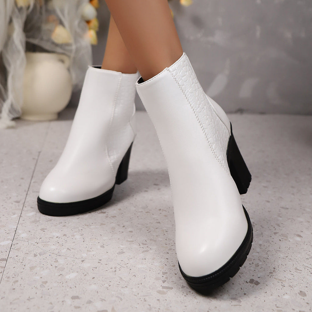 Women's Chunky Heel Back Zipper Ankle Boots | Round Toe Block Heel Shoes