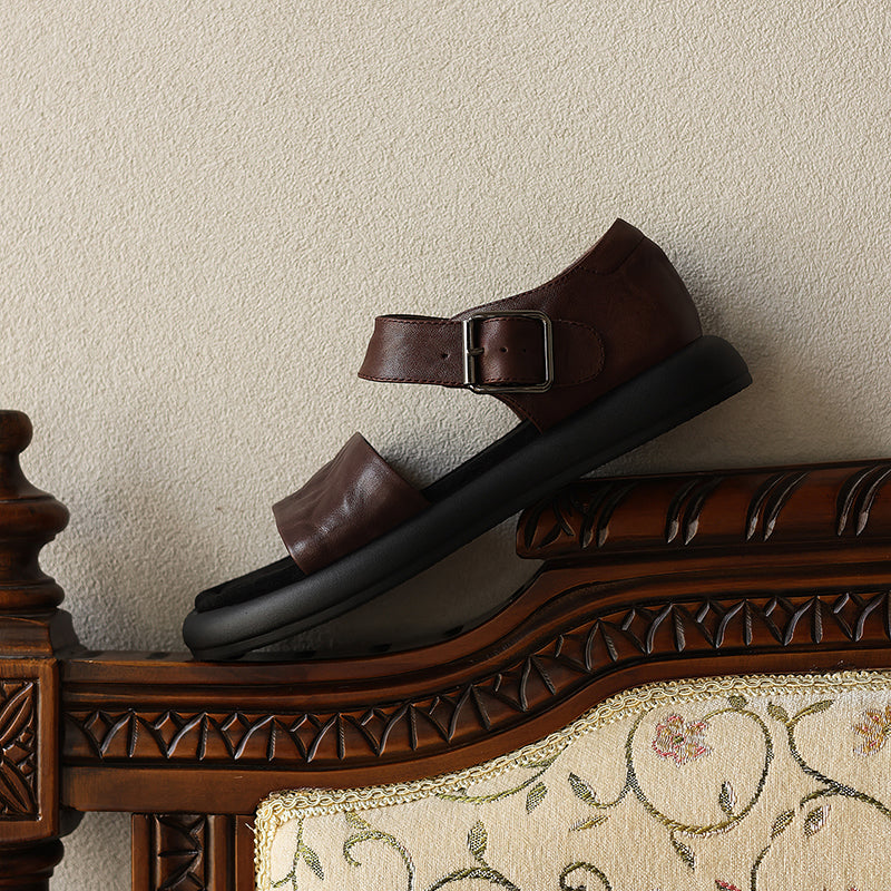 Women's Washed Leather Platform Sandals | Two-Strap Buckle Open-Toe Flats