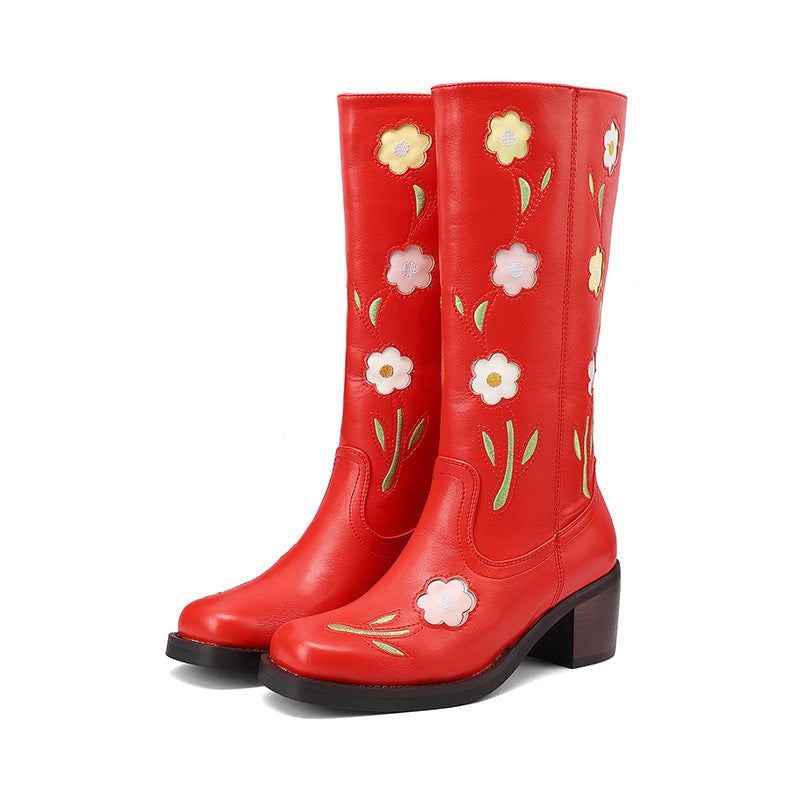 Women's Western Boots with Floral Embroidery - Mid-Calf Chunky Heel Boots