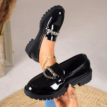 Load image into Gallery viewer, Women's Chain Embellished Round Toe Loafers – Mid Heel, PU Leather, Slip-On