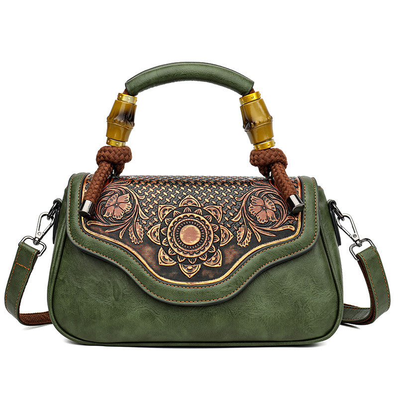 Handcrafted Leather-Embossed Retro Crossbody Bag - Floral Design Women's Shoulder Bag