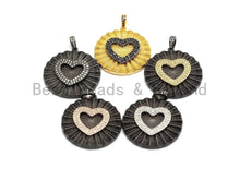 Load image into Gallery viewer, Large Pleat Round With CZ Micro Pave Heart Pendant, Cz Paved Charm/Focal Pendant, Necklace Charm Pendant, 35x38mm,sku#F661