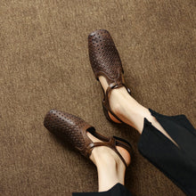 Load image into Gallery viewer, Women's Perforated Leather Slingback Sandals | T-Strap Closed-Toe Flat Shoes
