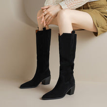 Load image into Gallery viewer, Women's Handmade Retro Chunky Heel Long Boots – Pointed Toe Cowhide Leather Fall Winter Boots