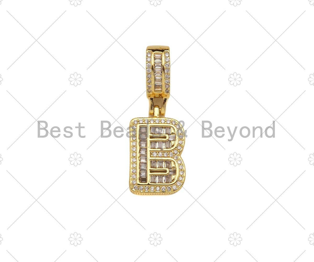 18K Gold Baguette CZ Initial Letter Pendant, A -Z Alphabet Letter, Large Hole Personalized name Charm for Jewelry Making, 16x33mm,sku#LD76