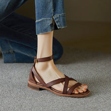 Load image into Gallery viewer, Women's Retro Cross-Strap Flat Sandals - Genuine Leather Open Toe Ankle Buckle Shoes