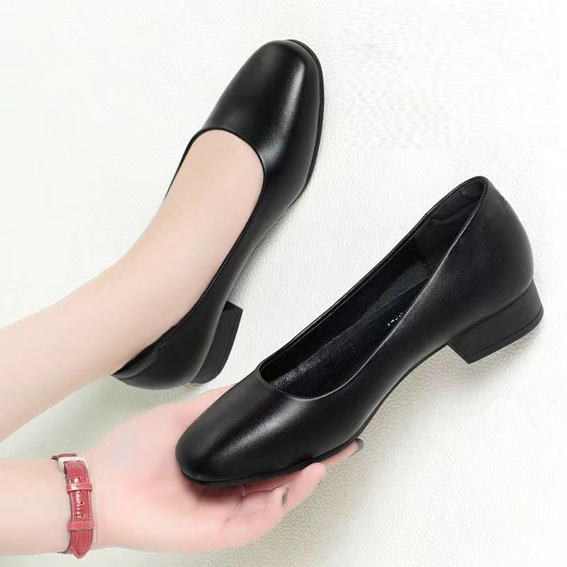 Women's Black Square Toe Chunky Low Heel Work Shoes – Microfiber Upper, Rubber Sole, Sizes 35–40