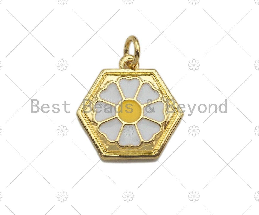 White Enamel Daisy Flower On Hexagon Shape Pendant Charm, Enamel Hexagon Charm,16x16mm,sku#L355