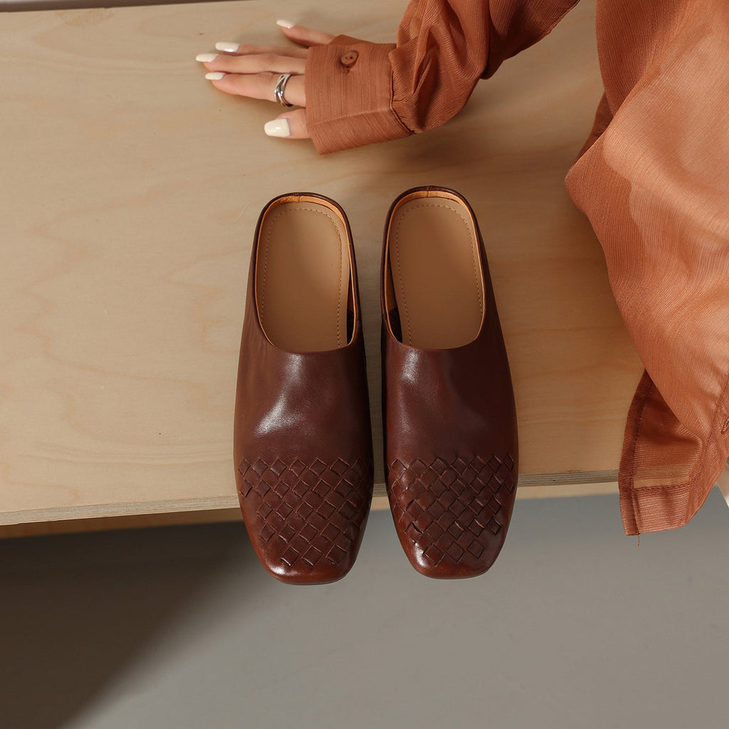 Women's Hand-Woven Full Grain Leather Mules | Square Toe Slip-On Backless Loafers