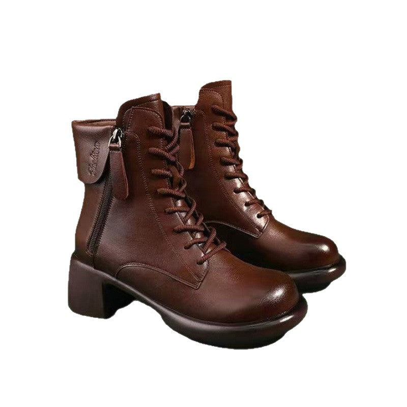 Women's Vintage Chunky Heel Ankle Boots | Microfiber Leather Side Zipper Low-Top