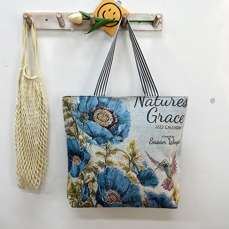 Gold-thread Canvas Crossbody Bag – Blue Floral | Stylish Everyday Shoulder Bag