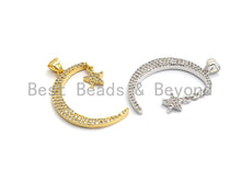 Load image into Gallery viewer, CZ Micro Pave Crescent Moon and Star Pendant ,Gold/Silver/Black/Rose Gold ,Cubic Zirconia Jewelry Findings,19x29mm,sku#F645
